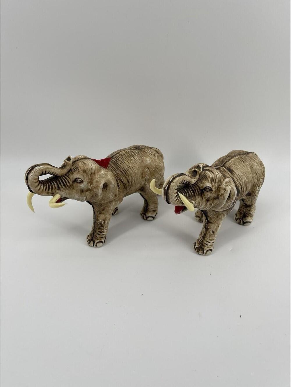 Pair Vintage Plastic Elephant Figurines Ivory Tone Tusks Safari Decor 8” - Picture 2 of 9